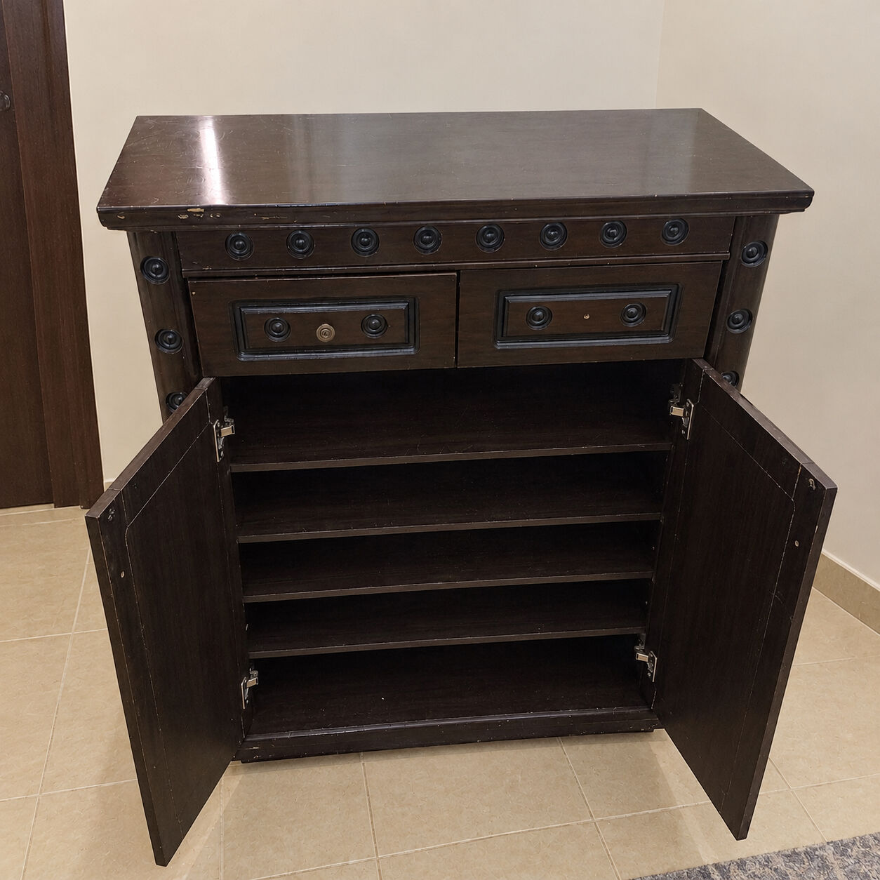 Jeddah, Furniture, SAR 200,  Free Delivery | Dark Brown Wooden Shoe Rack With Drawers