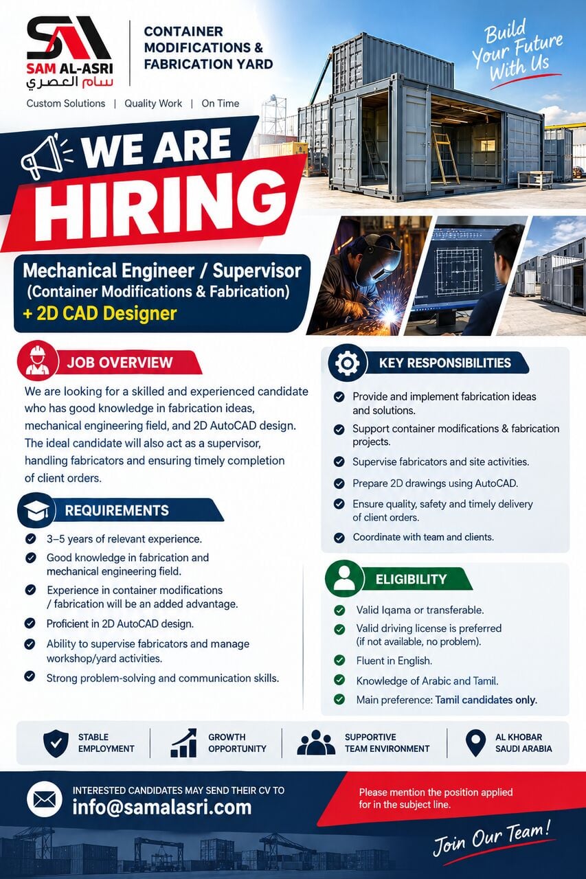 Khobar, Jobs, Mechanical Engineer/Supervisor (Container Modifications & Fabrications) + 2D CAD Designer