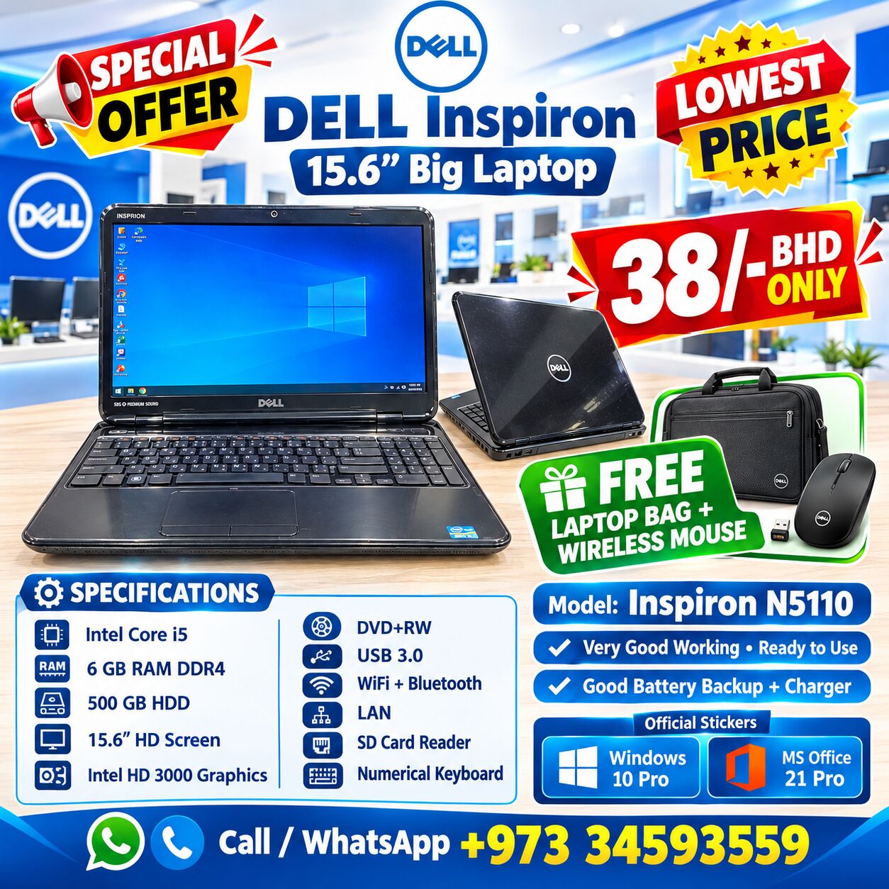 Manama, Computers, BHD 38,  DELL Inspiron Core I3 Laptop 15.6" HD Screen 6GB RAM + 500GB Hard Drive Free Bag & Mouse