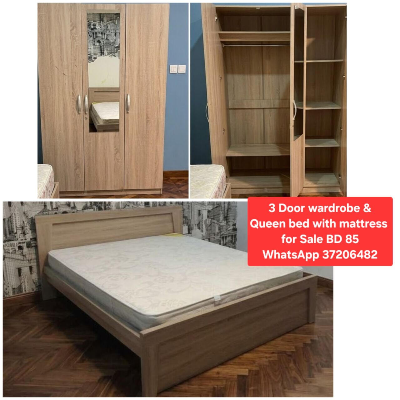 Manama, Furniture, BHD 85,  ✅️ 3 Door Wardrobe & Queen Bed + Mattress For Sale In Good Condition With Delivery