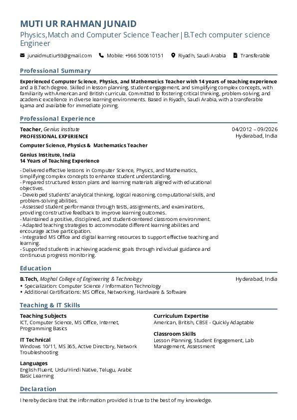 Al Malaz, Job Seekers, Physics, Mathematics And Computer Science Teacher