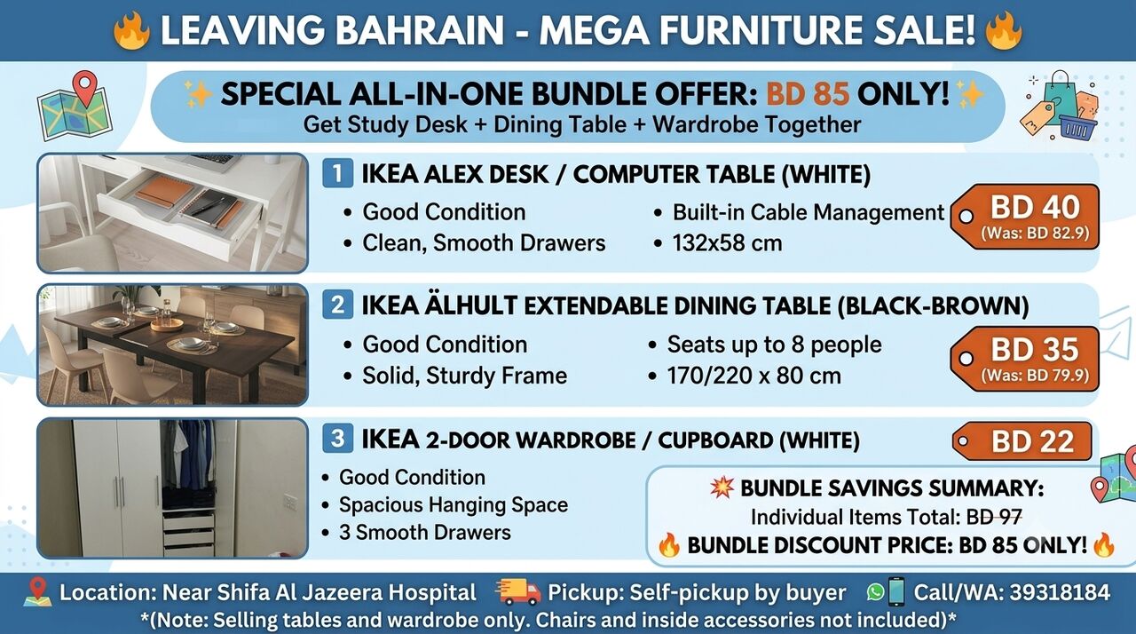 Manama, Furniture, BHD 85,  ​🚚 LEAVING BAHRAIN - MEGA FURNITURE SALE! 🚚