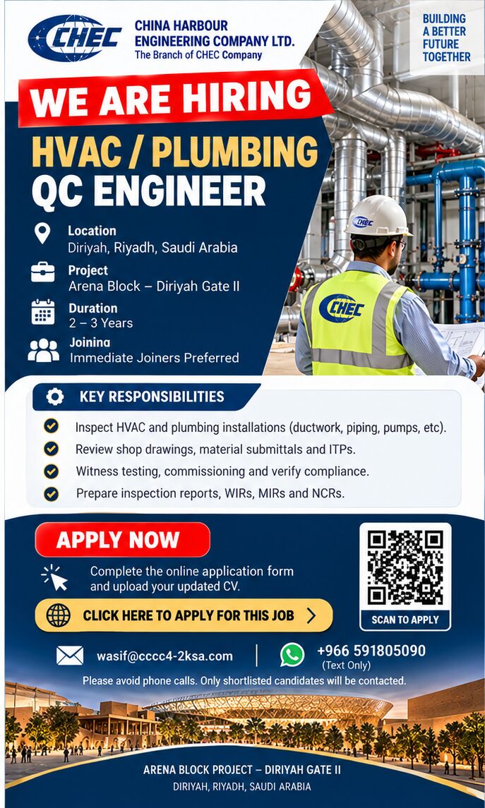 Riyadh, Jobs, HVAC / PLUMBING QC INSPECTOR