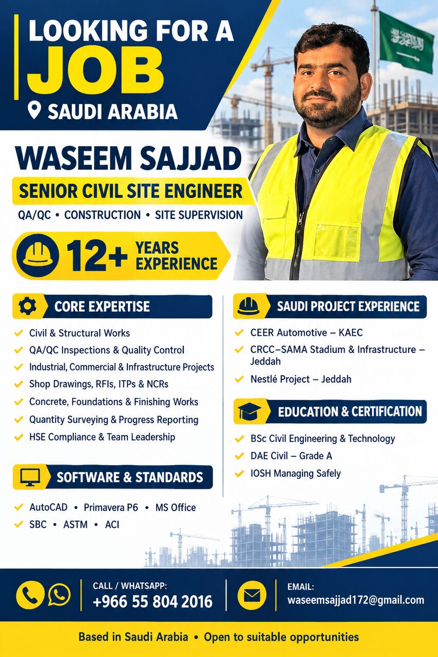 Riyadh, Job Seekers, Senior Civil Site Engineer, Civil QA/QC Engineer, Civil Construction Enginee&ndash; SAUDI ARABIA