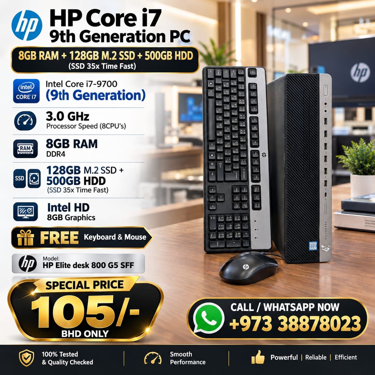 Manama, Tablet Computers, BHD 105,  HP Core I7 9th Gen PC 8GB RAM 128GB M.2 SSD+500GB HDD (35x Time Fast) FREE Keyboard, Mouse