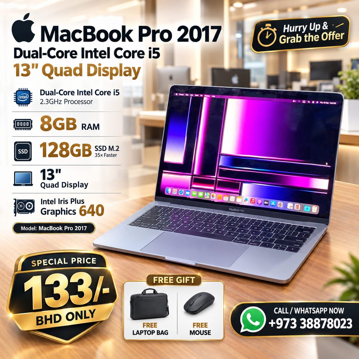 Manama, Tablet Computers, BHD 133,  MacBook Pro Core I5 2.3Ghz 8GB RAM 13"Quad Display With Type-C Adapter FREE Laptop & Mouse