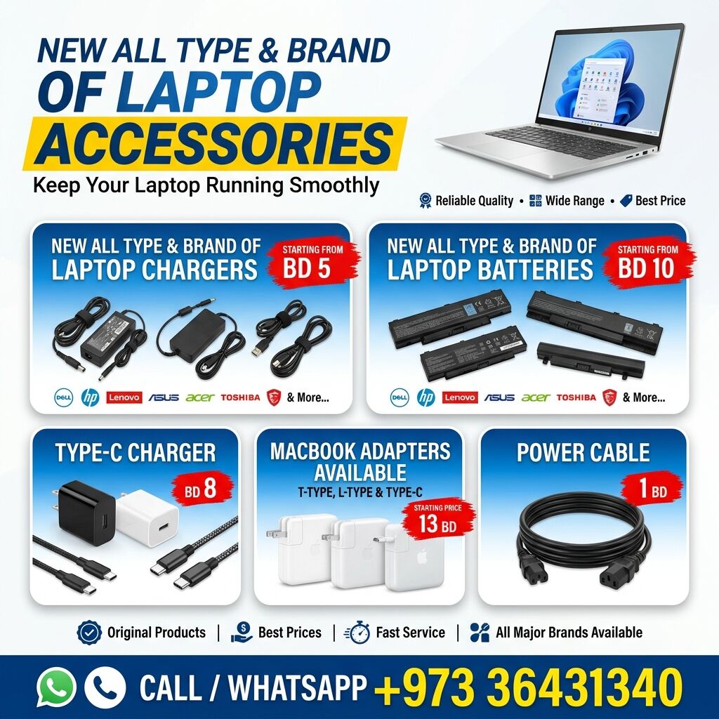 Manama, Computers, BHD 5,  New All Type Brand Of Laptop Charger & Batteries (MacBook Charger) Available In Good Price