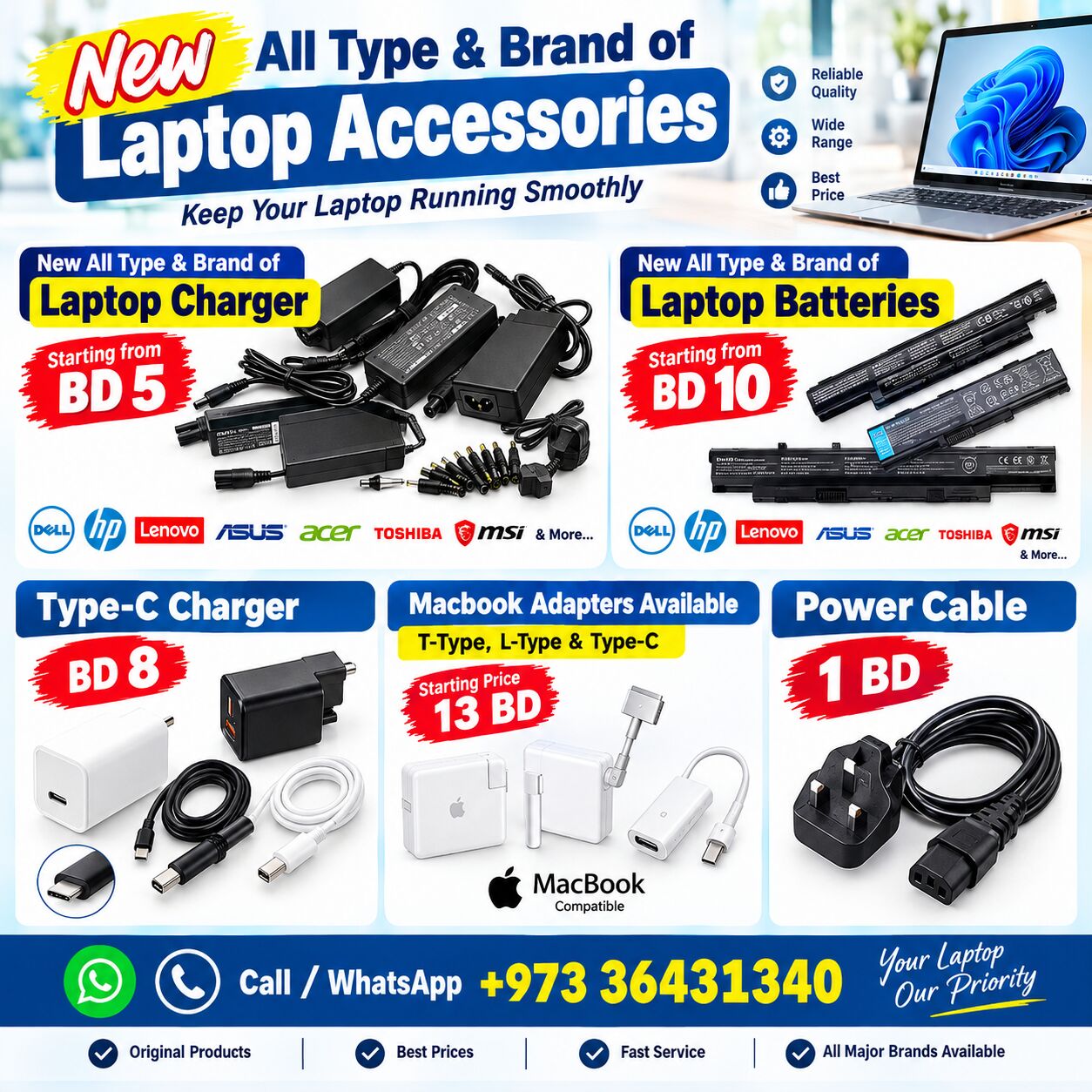 Manama, Computers, BHD 5,  New All Type Brand Of Laptop Charger & Batteries (MacBook Charger) Available In Good Price