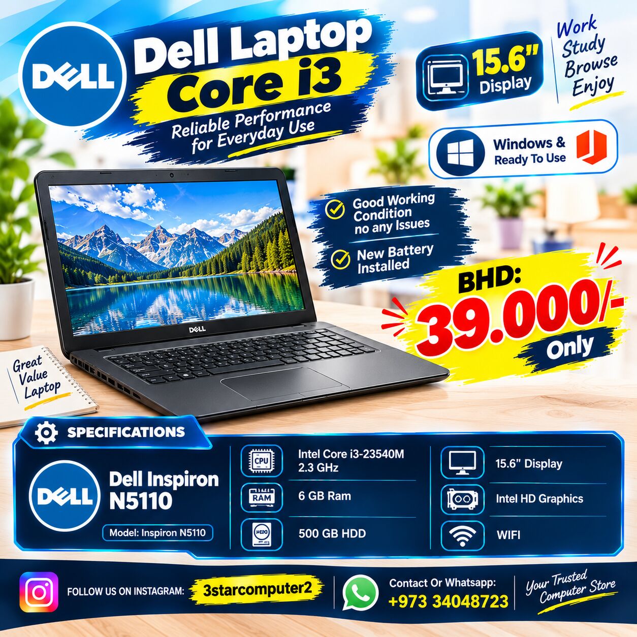 Manama, Tablet Computers, BHD 39,  Dell Laptop Core I3 6GB RAM 500GB HDD 15.6"Display Window,Office Ready New Battery Install