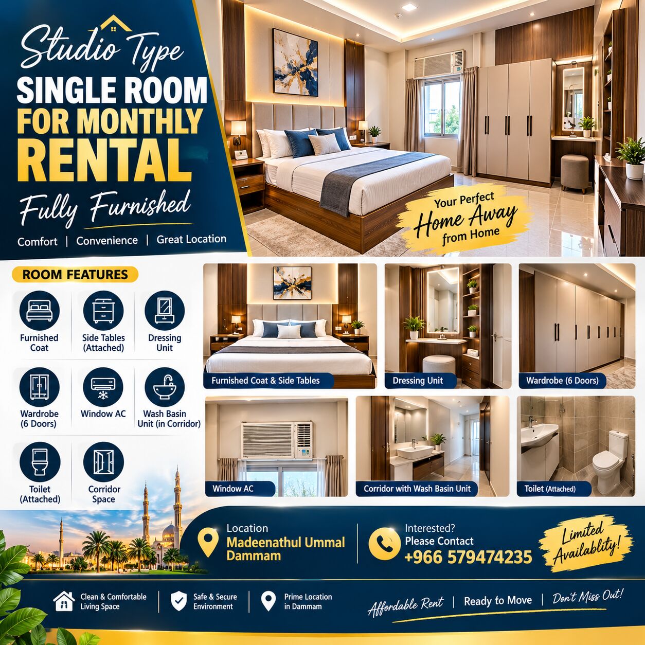 Dammam, Apartments, Flats, Houses & Villas, SAR 900/month,  Furnished,  Studio,  40 Sq. Meter,  Fully Furnished Studio Room For Rent In Madeenathul Ummal Dammam