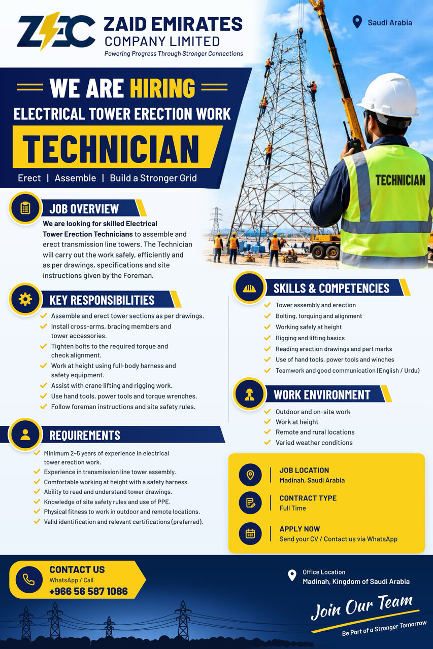 Riyadh, Jobs, Hiring: Electrical Tower Erection Technicia