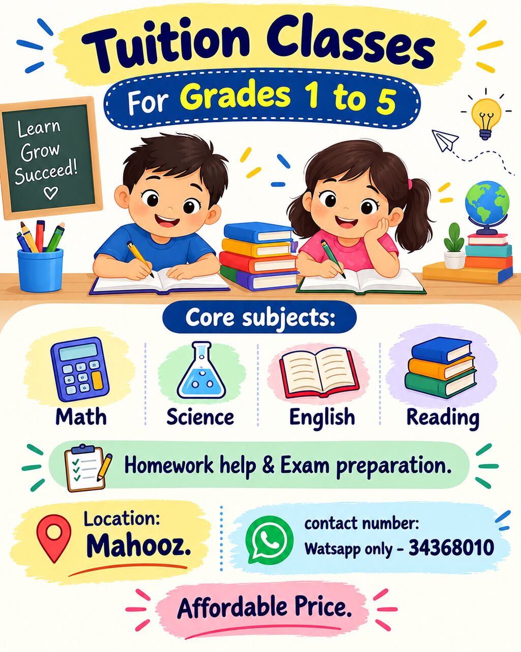 Mahooz, Lessons Offered, Tuition For Grade 1 To 5