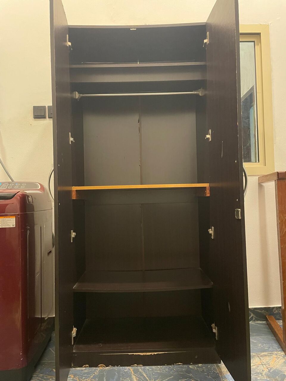 Muharraq, Furniture, BHD 12,  Dark Brown 2-Door Wooden Wardrobe With Shelves & Hanging Rod &ndash; For Sale In Bahrain