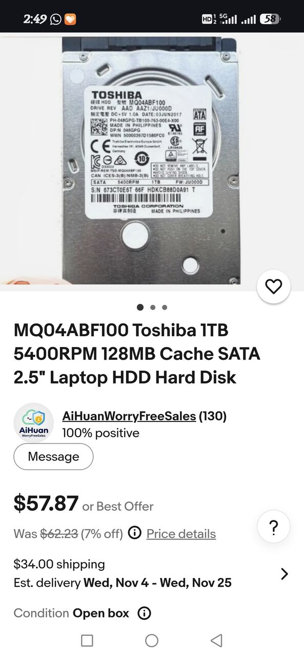 Riyadh, Computers, SAR 160,  Toshiba 1TB Laptop Hard Drive 2.5 Inch