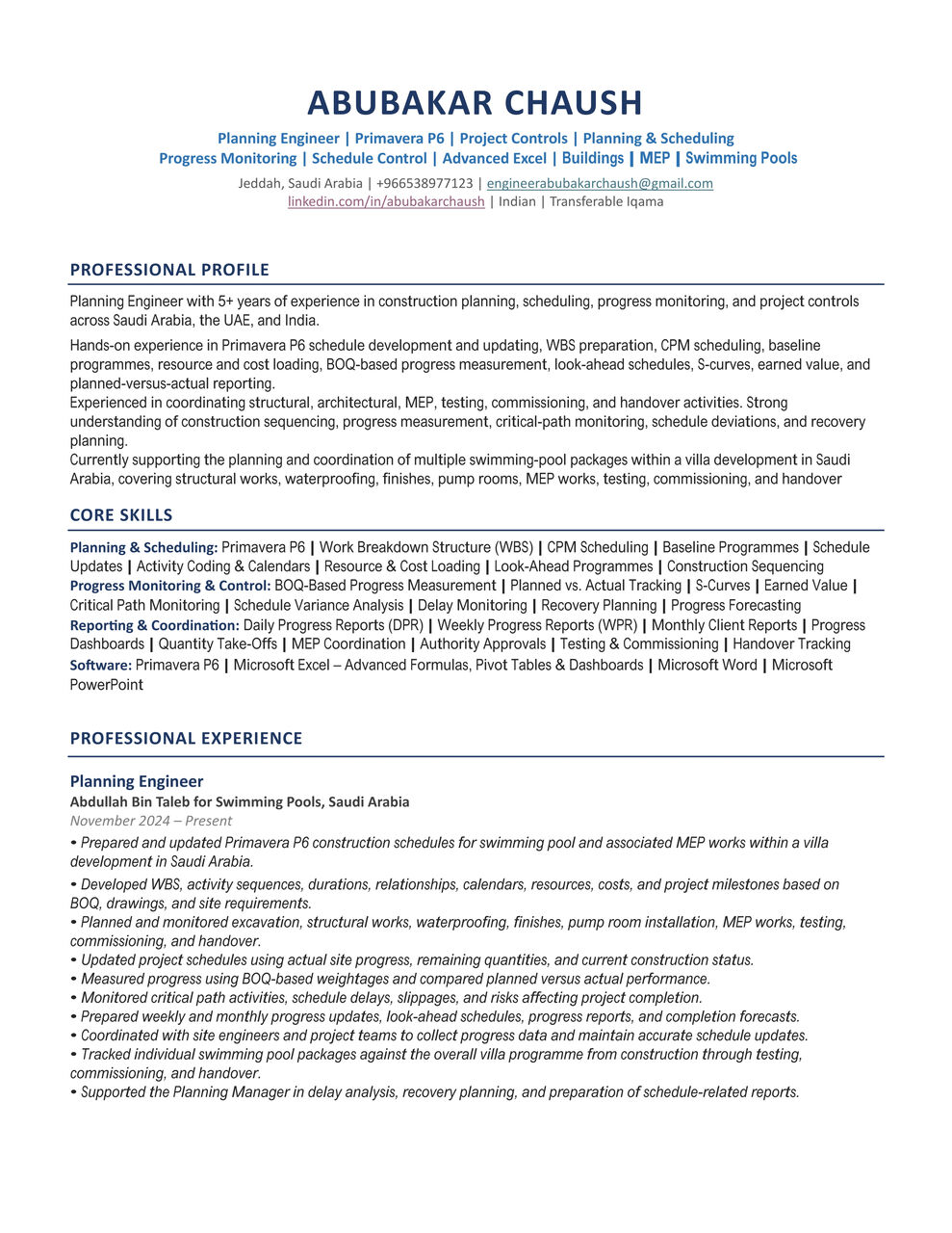 Riyadh, Job Seekers, Planning Engineer (Primavera P6) &ndash; Transferable Iqama &ndash; Immediate Joining