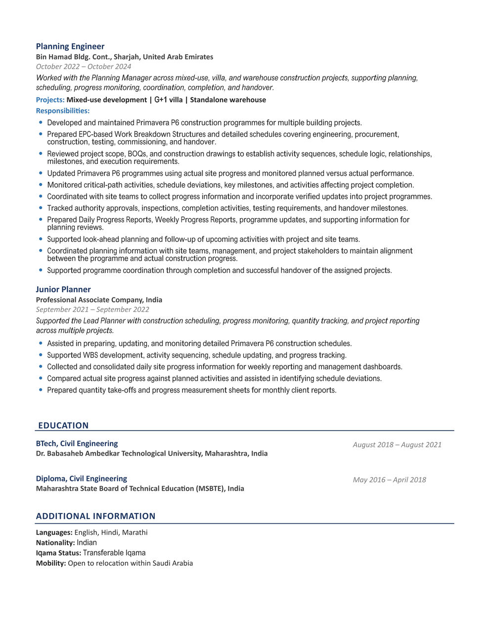 Riyadh, Job Seekers, Planning Engineer (Primavera P6) &ndash; Transferable Iqama &ndash; Immediate Joining