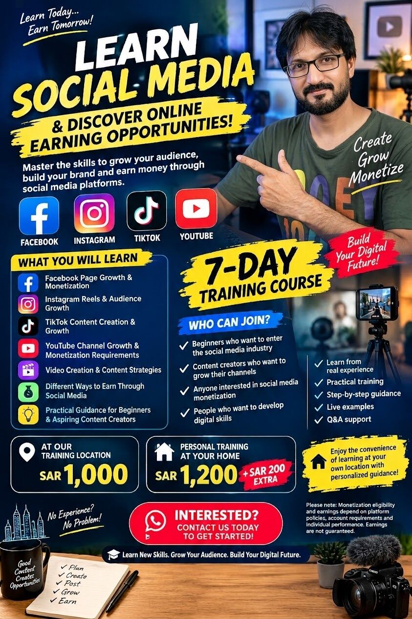 Jeddah, Education, Learn Facebook, Instagram, TikTok & YouTube Monetization | 7-Day Training Course