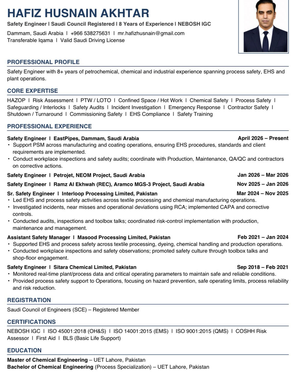 Dammam, Job Seekers, Safety Engineer / Safety Officer / NEBOSH / SCE  / 8 Years Experience/ Transferable Iqama