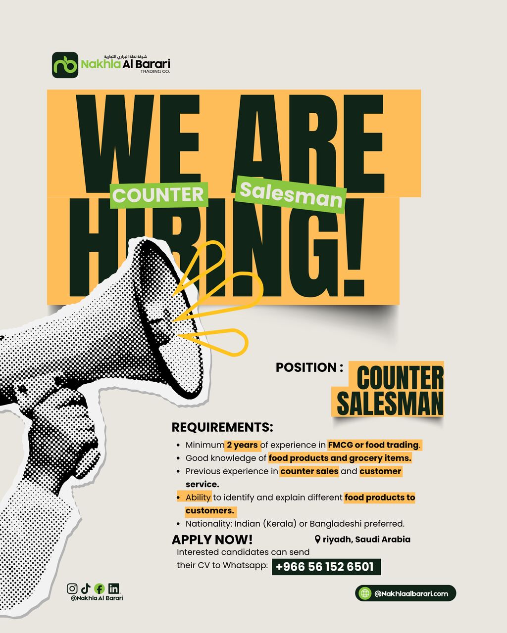 Riyadh, Jobs, Hiring Urgently: Counter Salesman (FMCG / Food Trading) &ndash; Riyadh