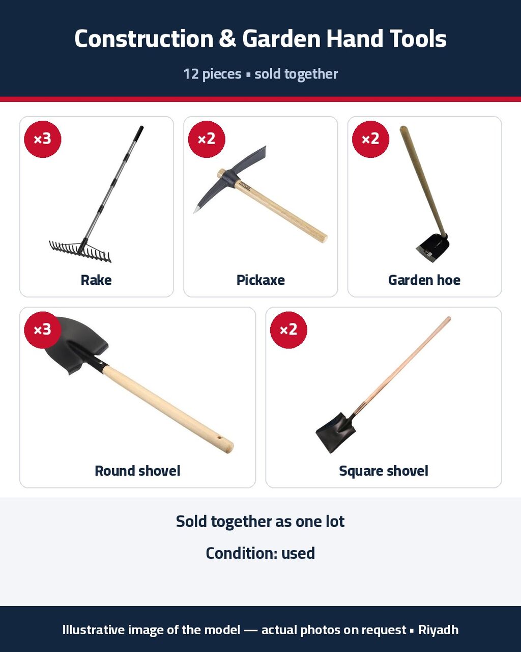 Riyadh, Tools, SAR 240,  Construction And Garden Hand Tools - 12 Pcs (Shovels, Picks, Rakes)