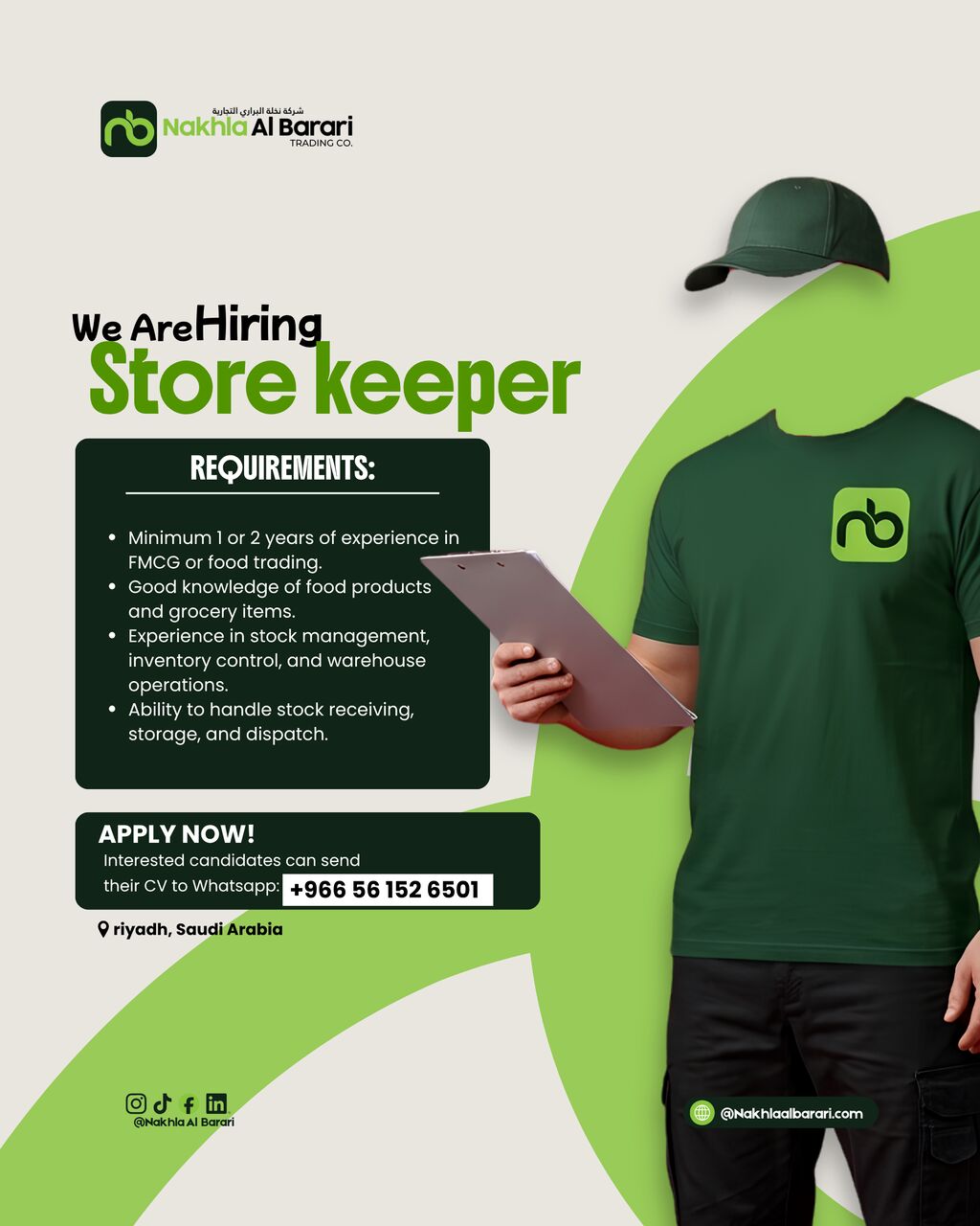 Riyadh, Jobs, Hiring Urgently: Store Keeper (FMCG / Food Trading) &ndash; Riyadh