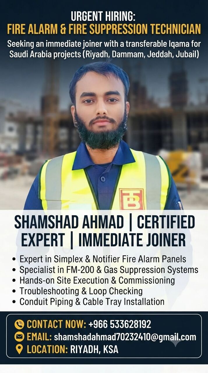 Jubail, Job Seekers, 🚨 URGENT JOB OPENING REQUIRED – Fire Alarm & Fire Suppression Technician (Immediate Joine