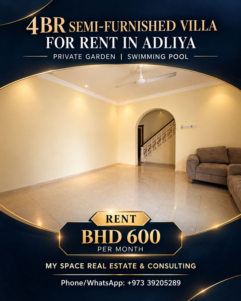 Adliya, Villas, BHD 600,  4BR SEMI-FURNISHED VILLA FOR RENT IN ADLIYA |