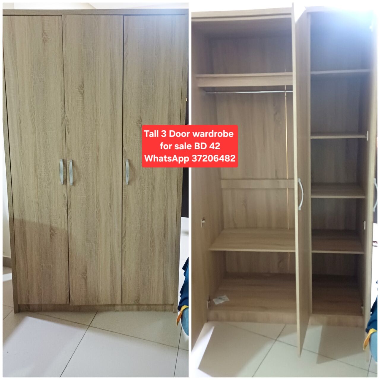 Manama, Furniture, BHD 42,  ✅️ Tall 3 Door Wardrobe For Sale In Good Condition With Delivery