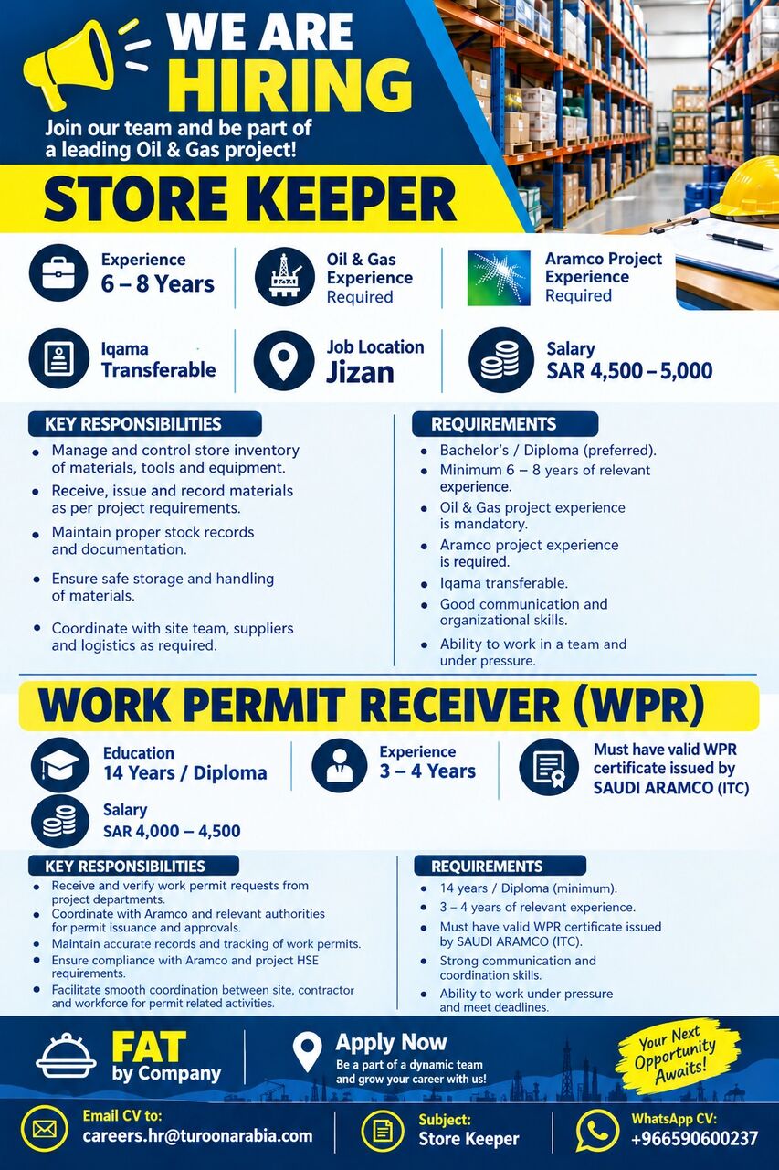 Jizan, Jobs, Store Keeper - WPR Aramco Approved