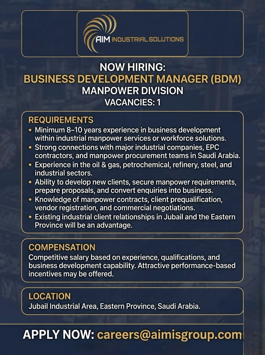 Jubail, Jobs, BUSINESS DEVELOPMENT MANAGER(BDM)- Manpower Division