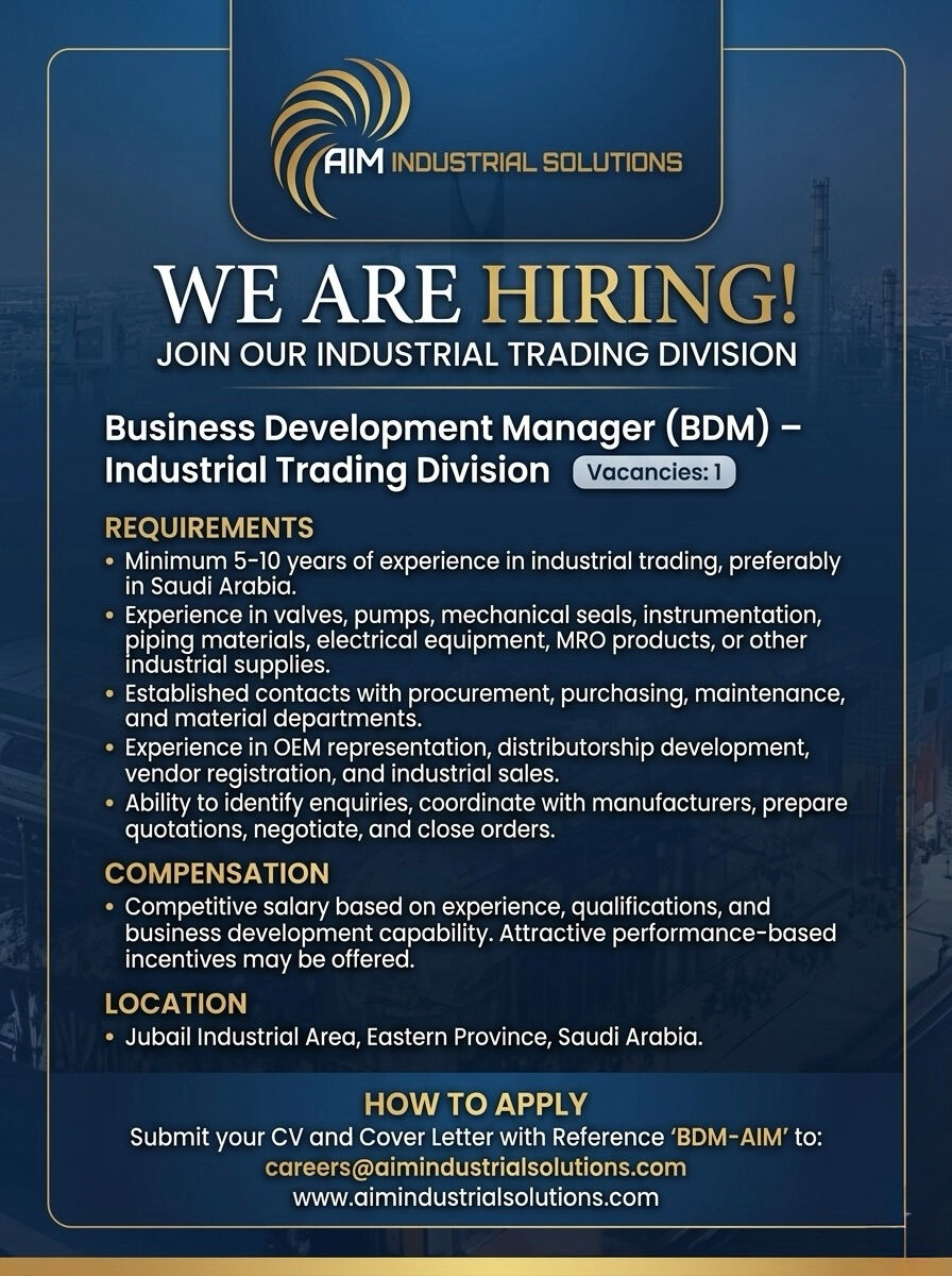Jubail, Jobs, BUSINESS DEVELOPMENT MANAGER(BDM)-Industrial Trading Division