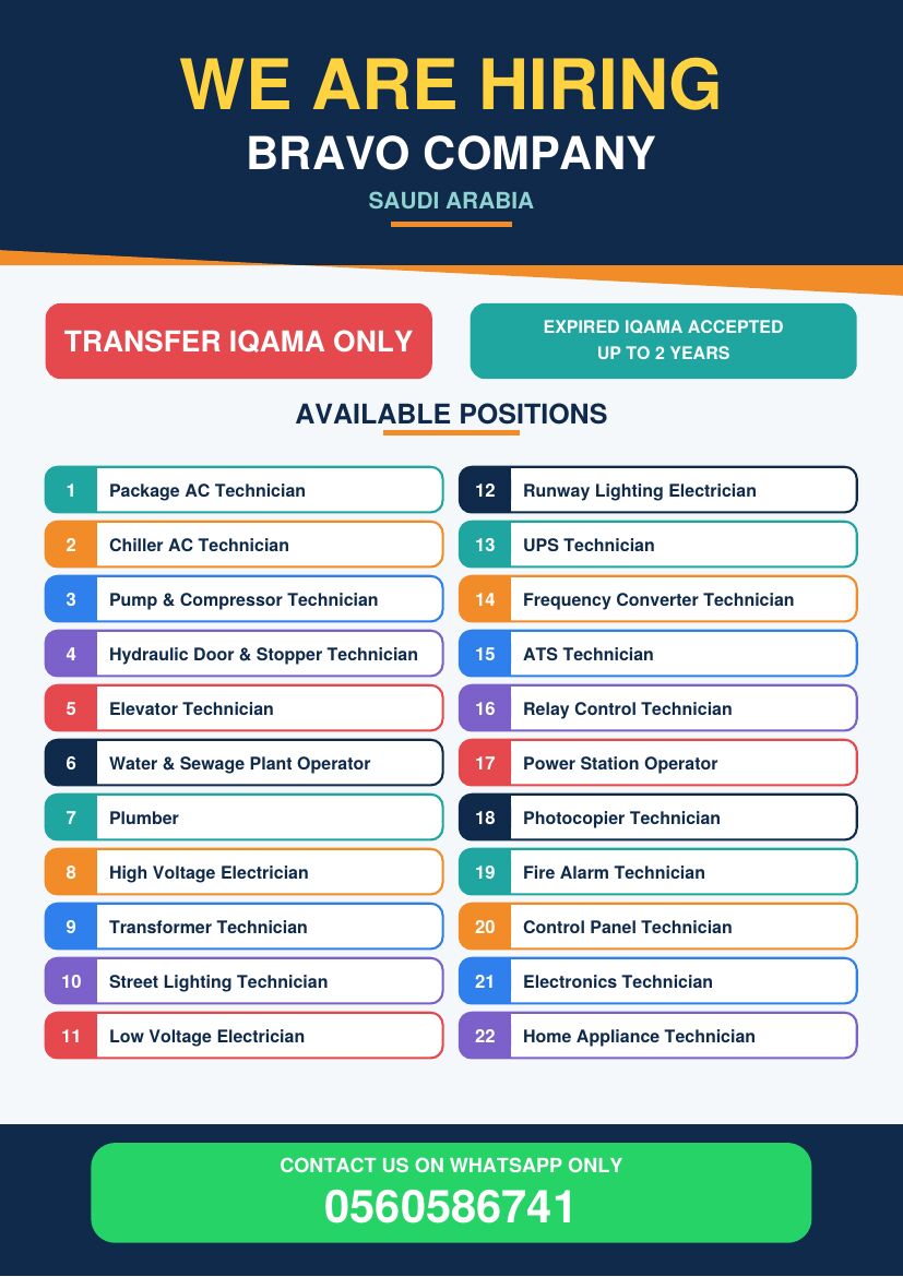 Khobar, Jobs, BRAVO Company, Saudi Arabia  Transfer Iqama Only  Until 2 Years Expired Iqama Accepted  Co