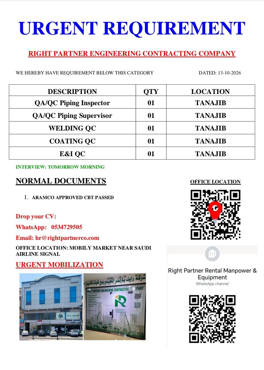 Riyadh, Jobs, QA/QC Piping
