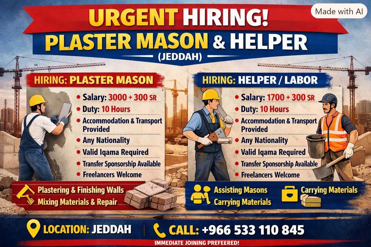 Jeddah, Jobs, URGENT HIRING Plaster Mason & Helper (Jeddah)