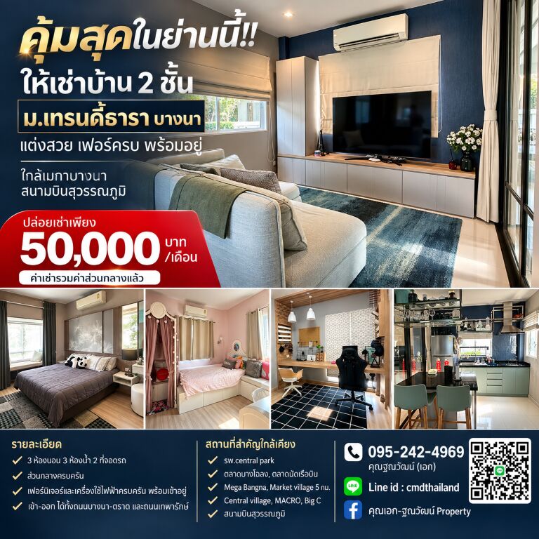 Bangkok, Real Estate For Sale, คุ้มสุดในย่านนี้!! ให้เช่าบ้าน 2 ชั้น ม.เทร