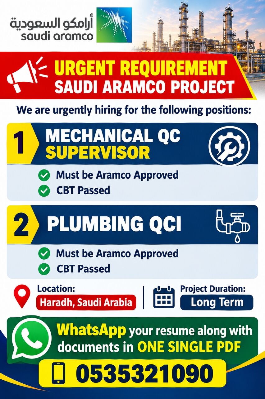 Riyadh, Jobs, Mechanical QCS And Plumbing QCI Aramco Approved CBT Pass