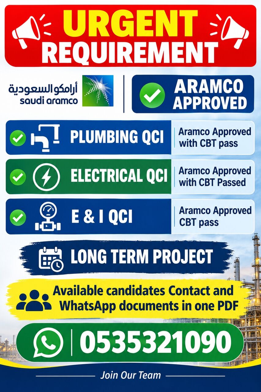 Riyadh, Jobs, Plumbing QCI Aramco Approved CBT Pass Electrical QCI Aramco Approved CBT Pass E&I MaterQCI