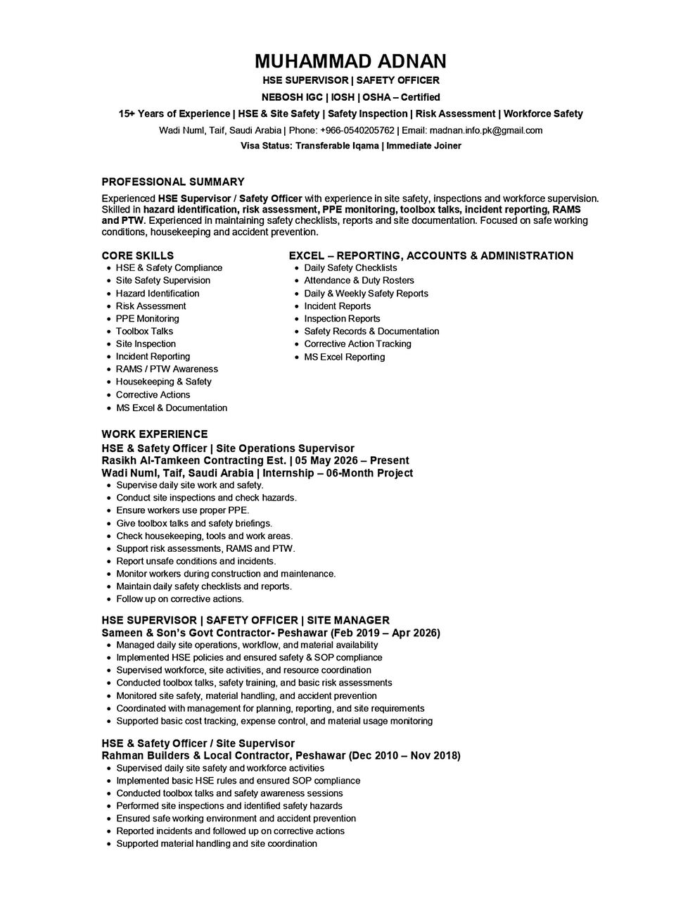 Taif, Job Seekers, HSE Supervisor / Safety Officer Available