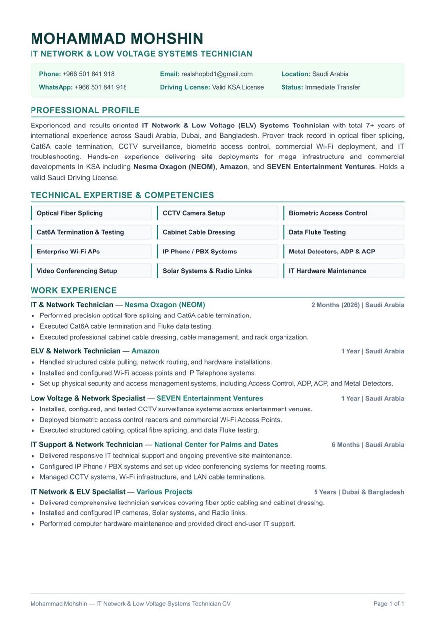 Riyadh, Job Seekers, IT Network & Low Voltage (ELV) Systems Technician