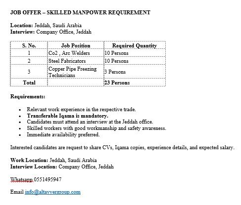 Jeddah, Jobs, JOB OFFER &ndash; SKILLED WELDER  REQUIREMENT