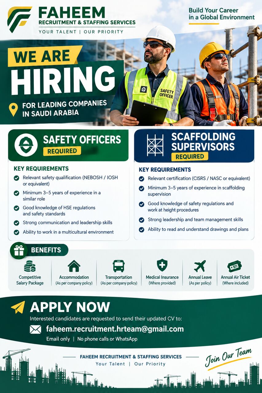 Riyadh, Jobs, Safety Officers & Scaffolding Supervisors Required