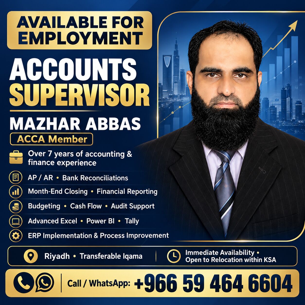 Riyadh, Job Seekers, ACCOUNTS SUPERVISOR &ndash; ACCA MEMBER &ndash; AVAILABLE IMMEDIATELY