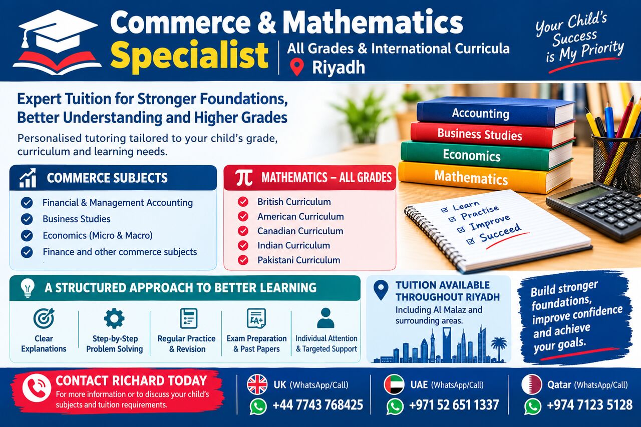 Al Malaz, Lessons Offered, Commerce & Mathematics Specialist | All Grades & International Curricula | Riyadh