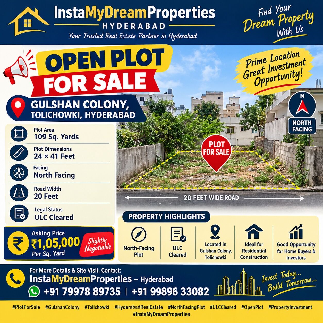 Hyderabad, Residential Plots, INR 105000,  109 Sq. Yard,  109 Sqrds Residential Land Available For Sale At Gulshan Colony - Tolichowki -Hyderabad