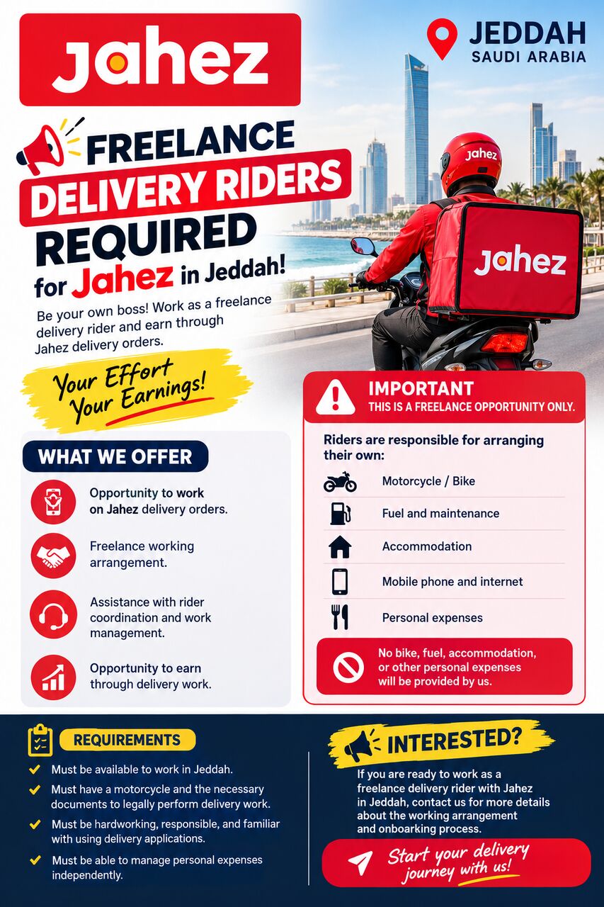 Jeddah, Jobs, Freelancer Delivery Riders Required &ndash; JAHEZ | JEDDAH