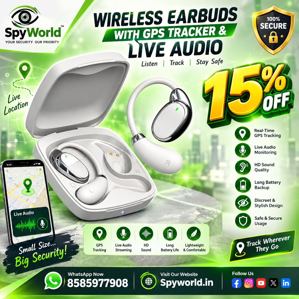 New Delhi, Electronics, INR 8999,  Best Wireless Earbuds With GPS Tracker & Live Audio Shop In Kalkaji &ndash; Spy World