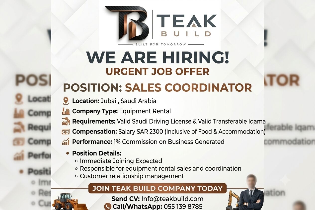 Jubail, Jobs, URGENT JOB OPENING  ​Position: Sales Coordinator (Equipment Rental Division)