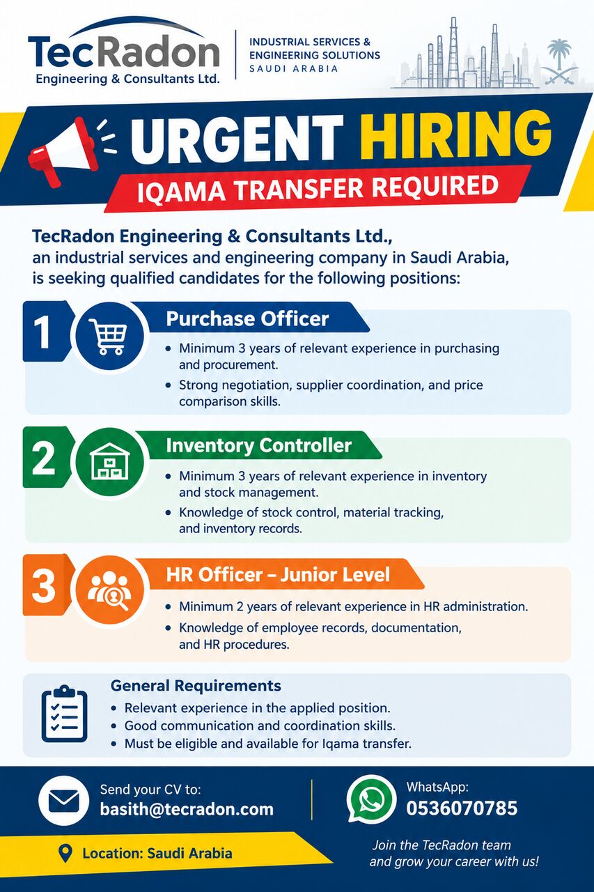 Dammam, Jobs, **URGENT HIRING  &ndash; IQAMA TRANSFER REQUIRED**