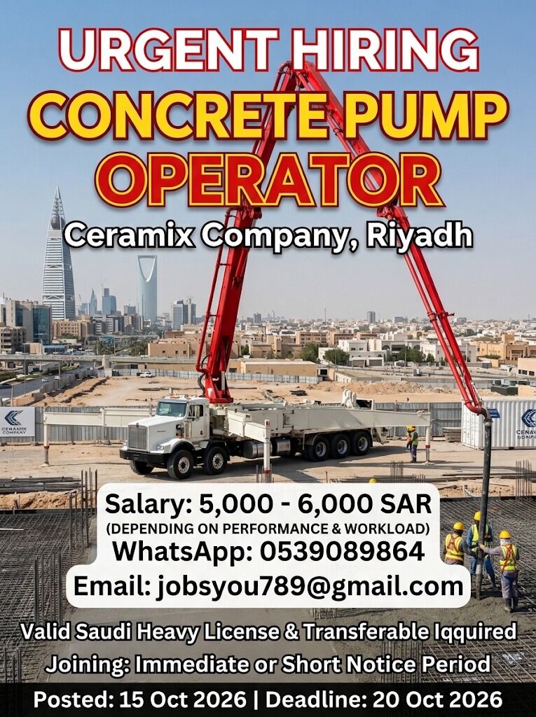 Riyadh, Jobs, Concrete Pump Operator - Urgent Hiring (Transferable Iqama) - Riyadh