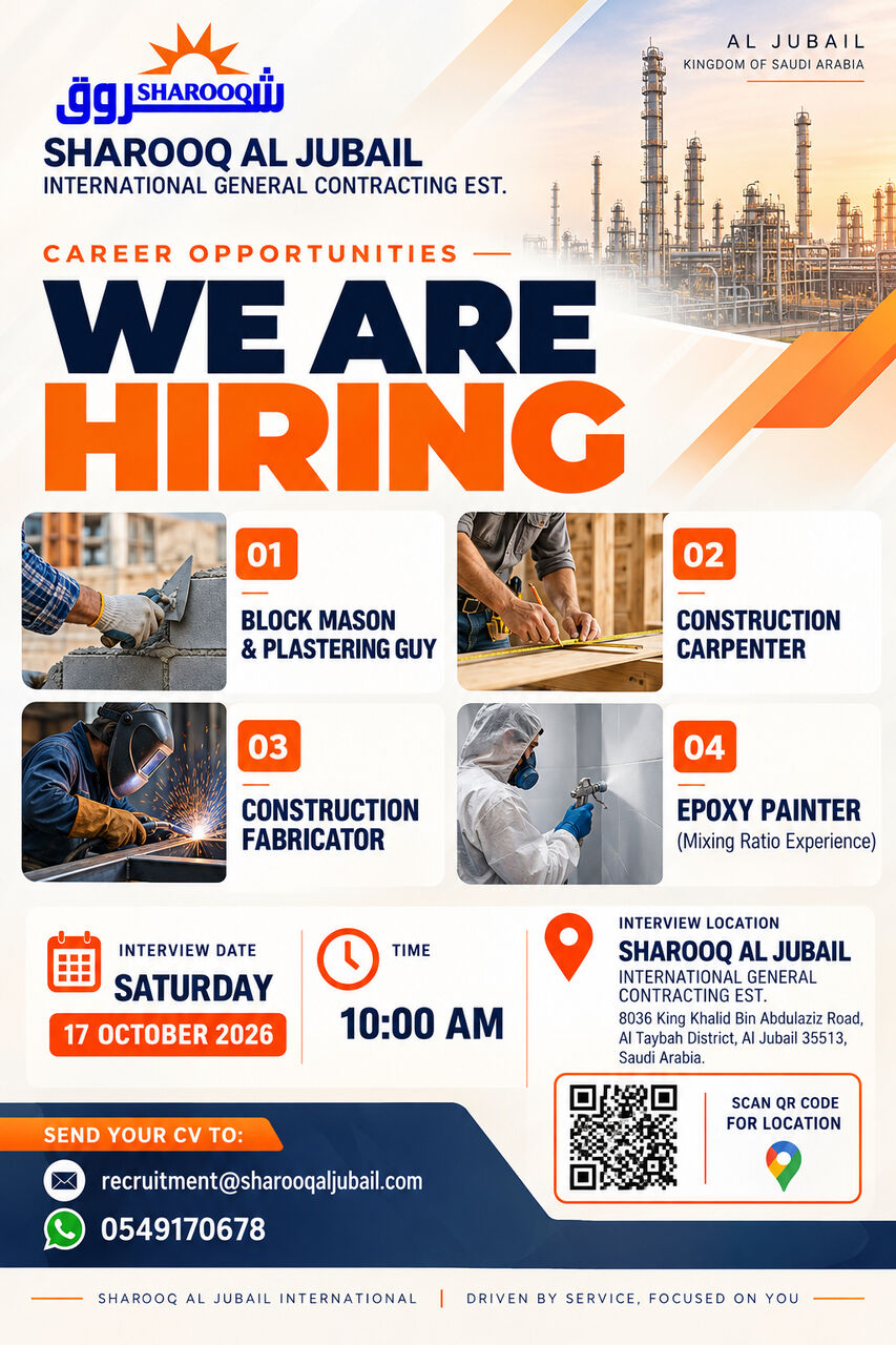 Jubail, Jobs, 📢 Hiring – Construction & Coating Workers